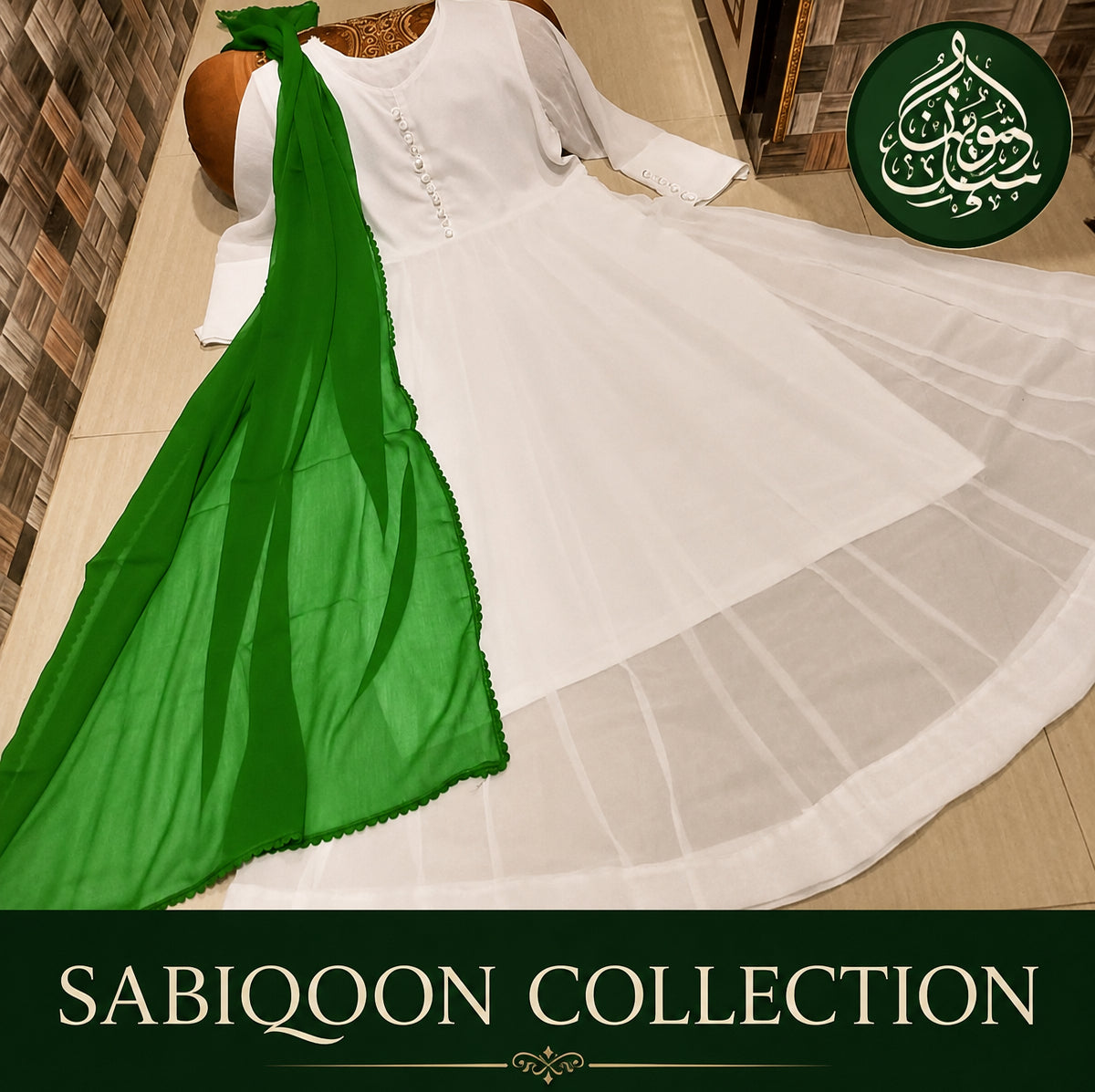 Sabiqoon Collection Independence Day 3 Piece Maxi Suit | Chiffon Maxi, Lace Dupatta & Malai Crepe Trouser