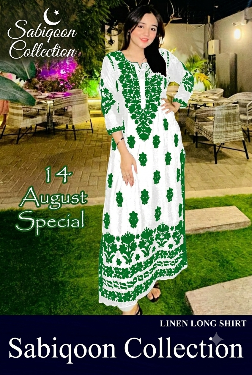 Women 14th August Long Kurti -Pure Linen Embroidered Independence Day Shirt
