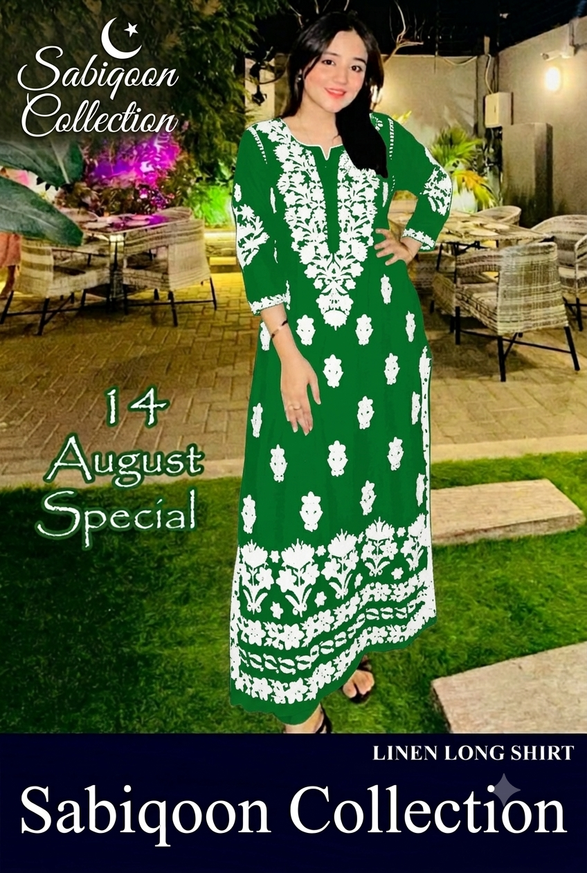 Women 14th August Long Kurti -Pure Linen Embroidered Independence Day Shirt