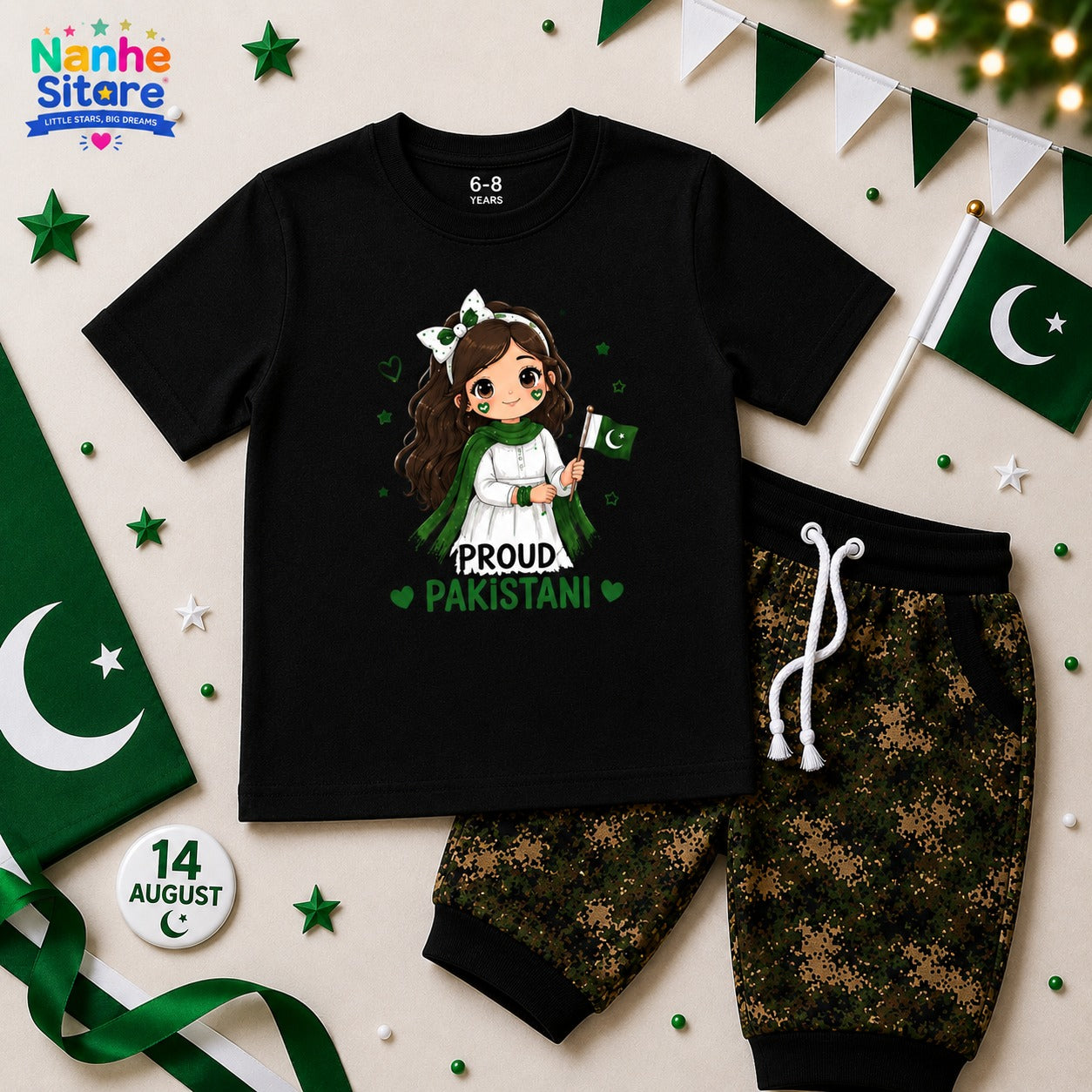Kids 14th August Black T-Shirt & Trouser Set | Nanhe Sitare