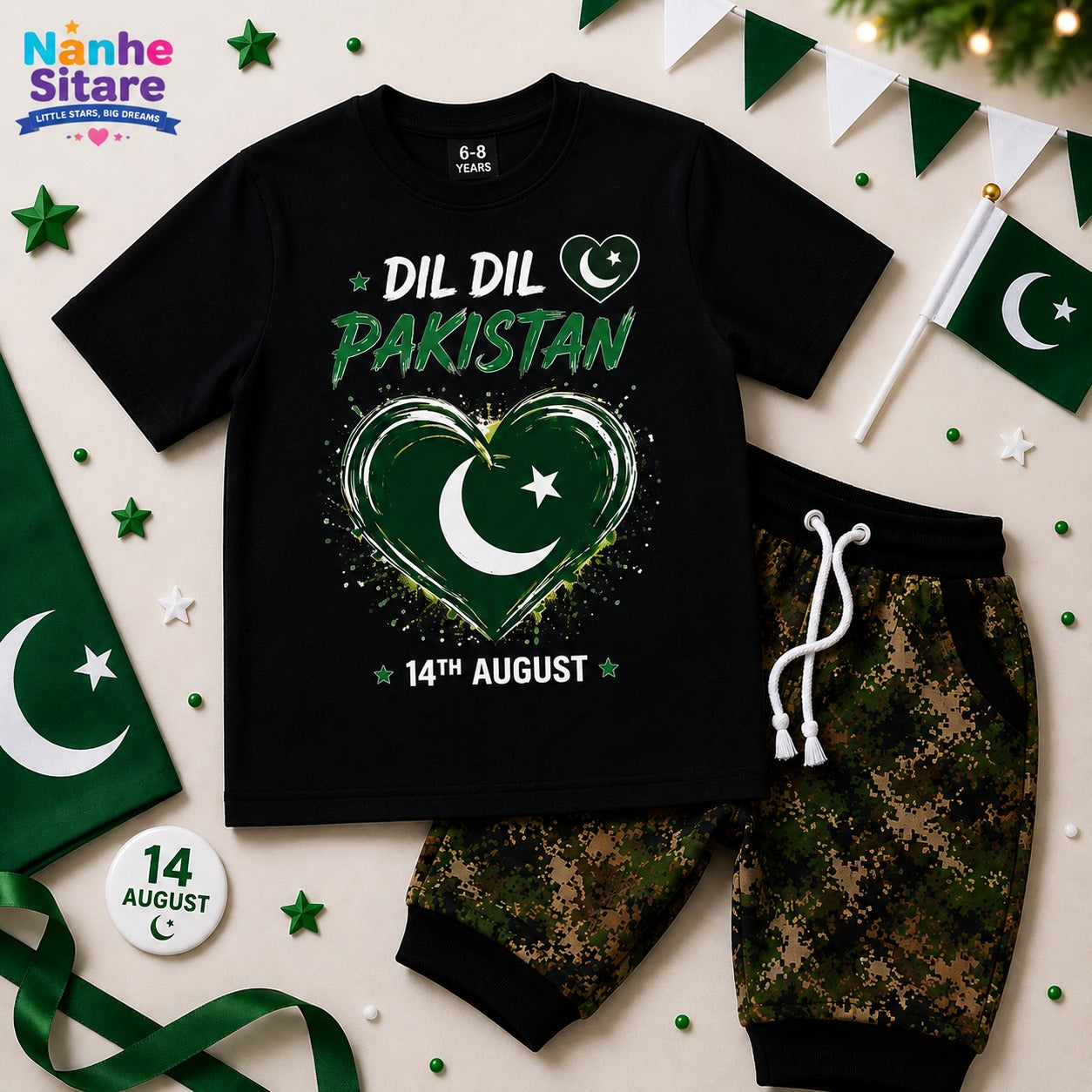 Kids 14th August Black T-Shirt & Trouser Set | Nanhe Sitare