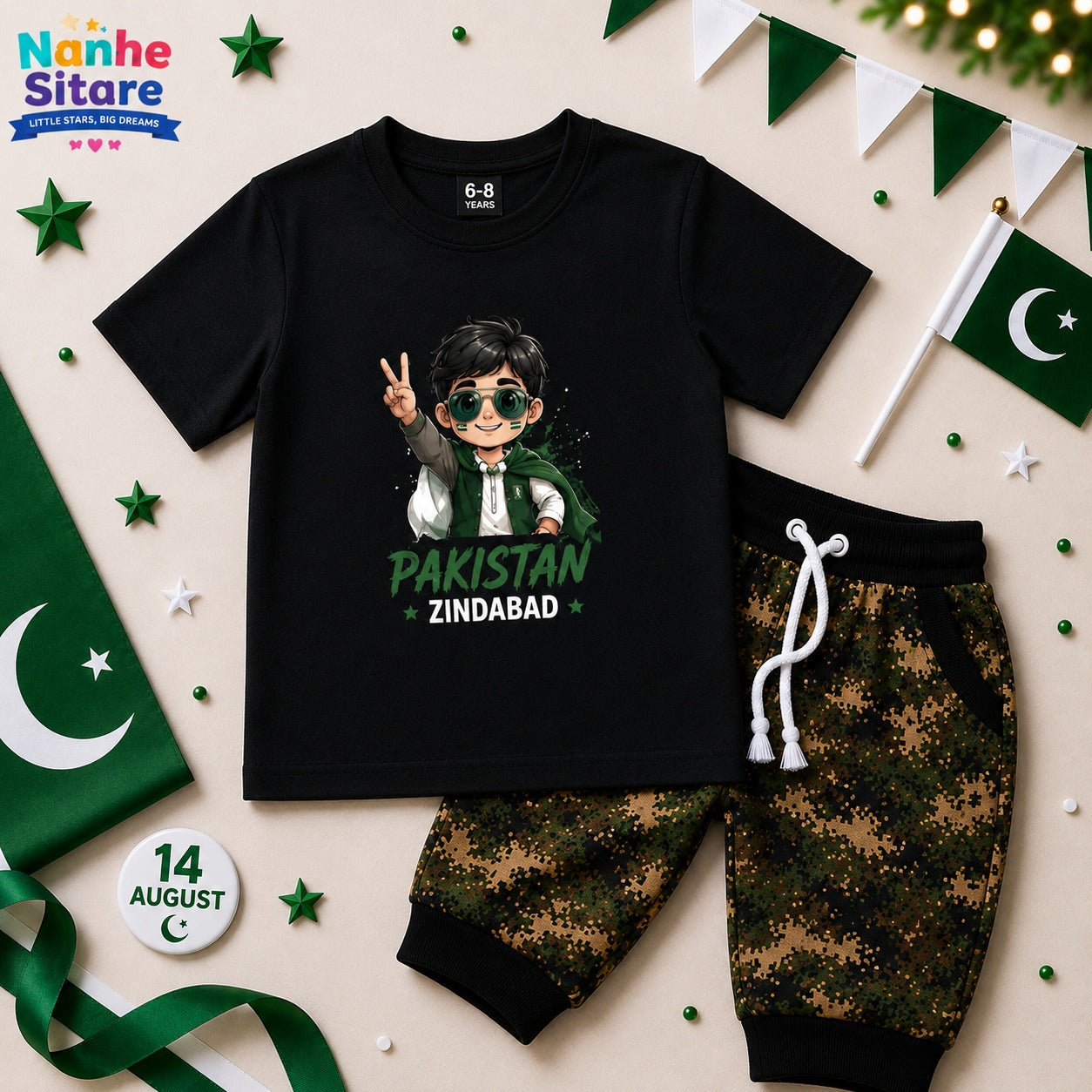 Kids 14th August Black T-Shirt & Trouser Set | Nanhe Sitare