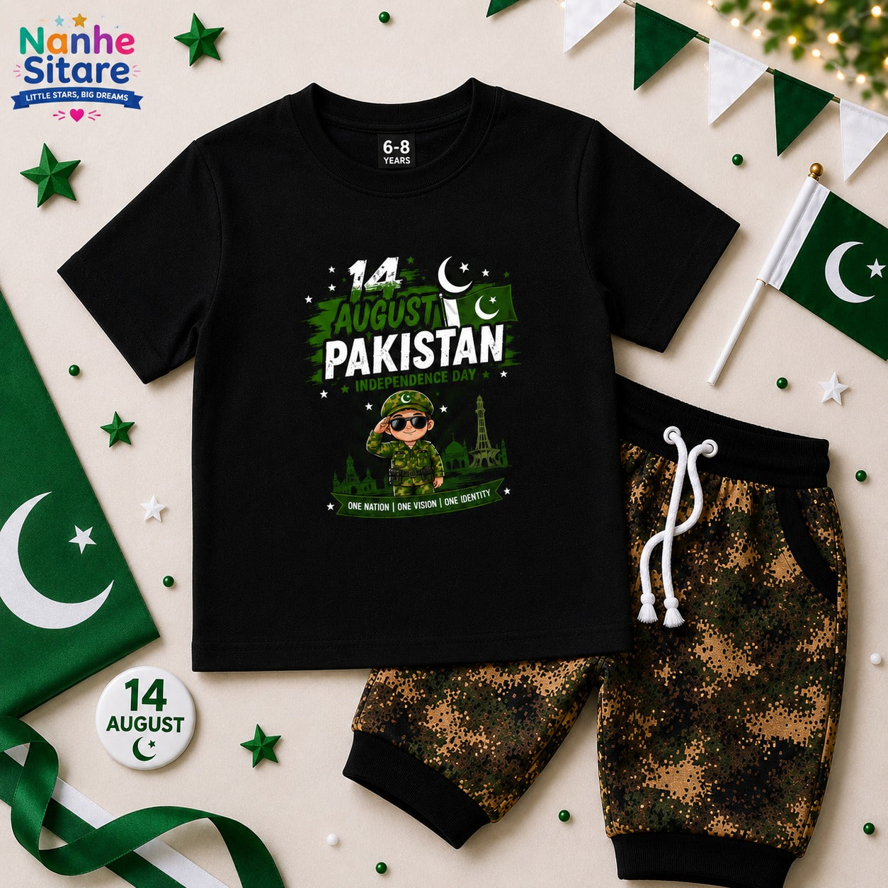 Kids 14th August Black T-Shirt & Trouser Set | Nanhe Sitare