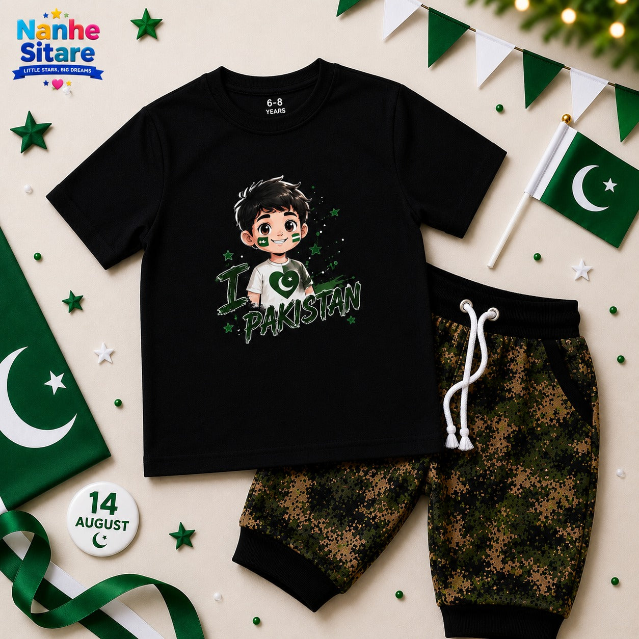 Kids 14th August Black T-Shirt & Trouser Set | Nanhe Sitare