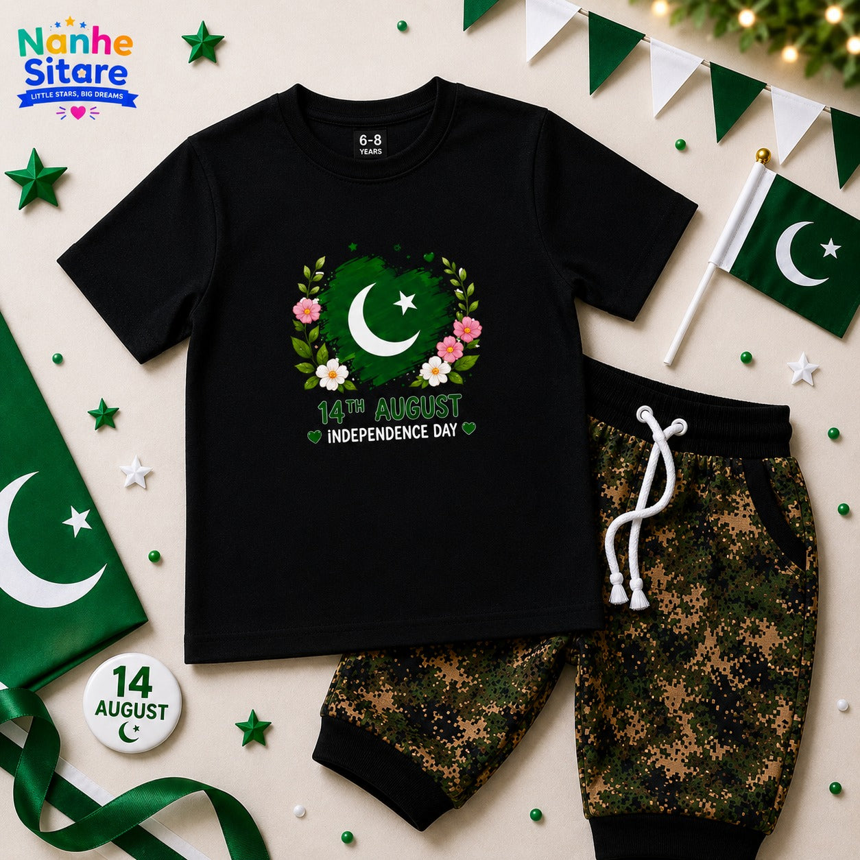 Kids 14th August Black T-Shirt & Trouser Set | Nanhe Sitare