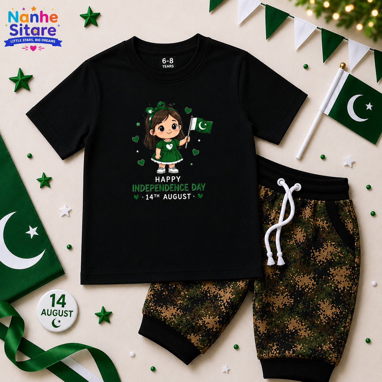 Kids 14th August Black T-Shirt & Trouser Set | Nanhe Sitare