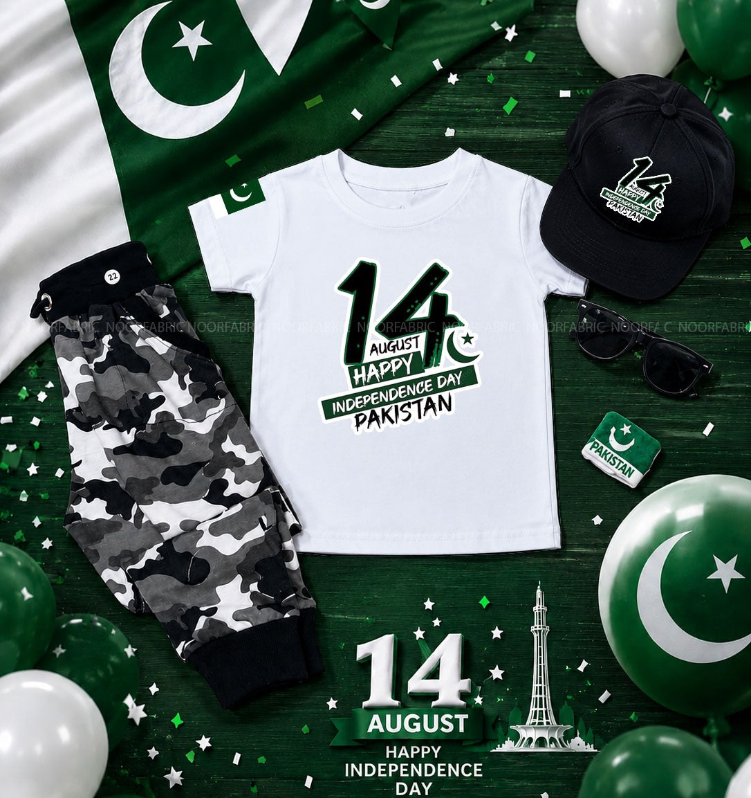 Kids 5-in-1 Independence Day Bundle - T-Shirt, Camo Trouser, Cap & Sunglasses