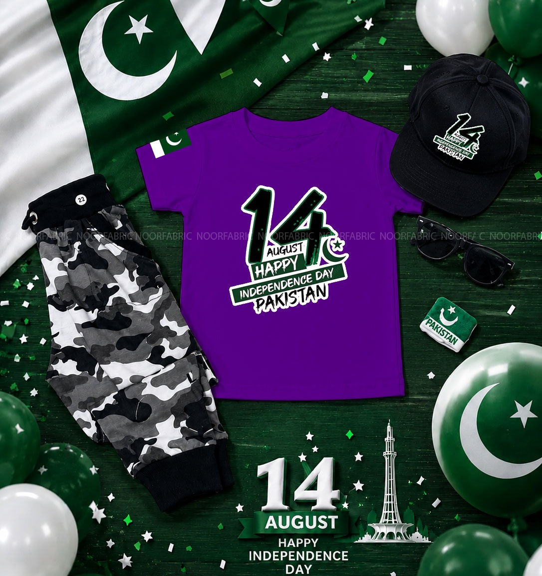 Kids 5-in-1 Independence Day Bundle - T-Shirt, Camo Trouser, Cap & Sunglasses