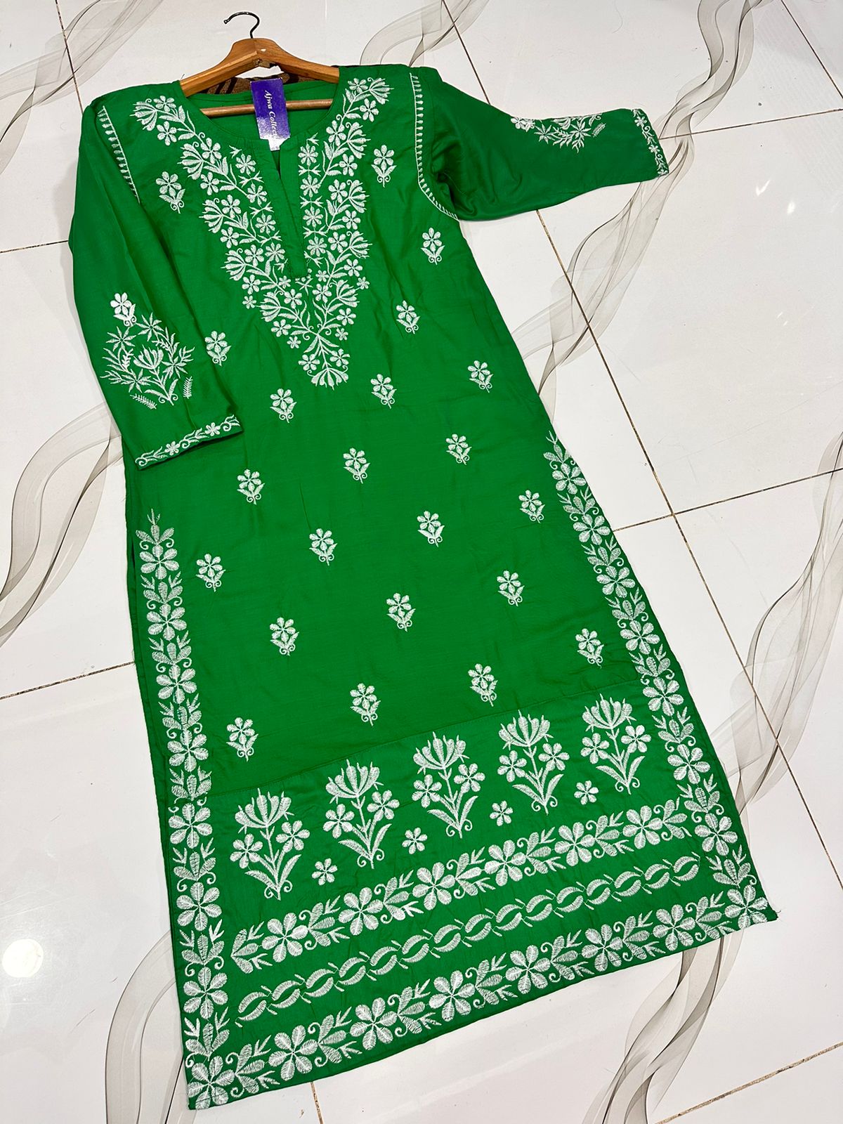 Women 14th August Long Kurti -Pure Linen Embroidered Independence Day Shirt