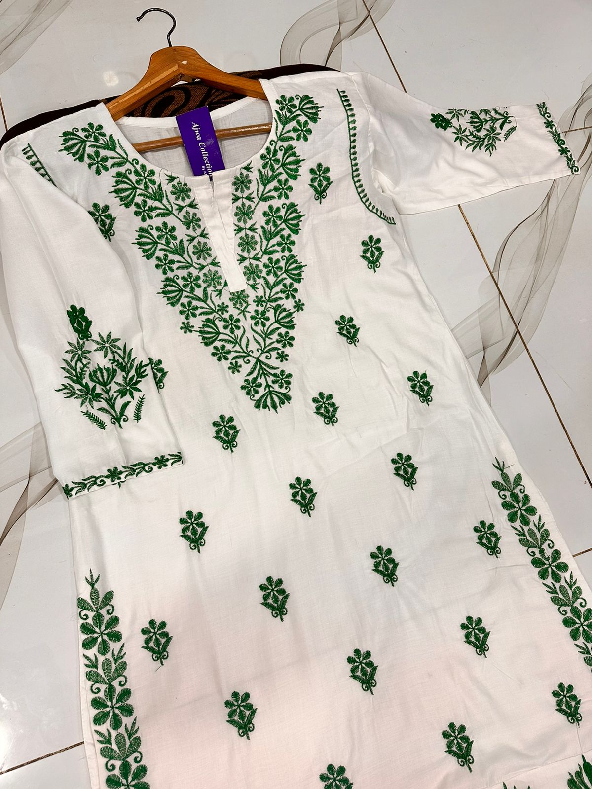 Women 14th August Long Kurti -Pure Linen Embroidered Independence Day Shirt