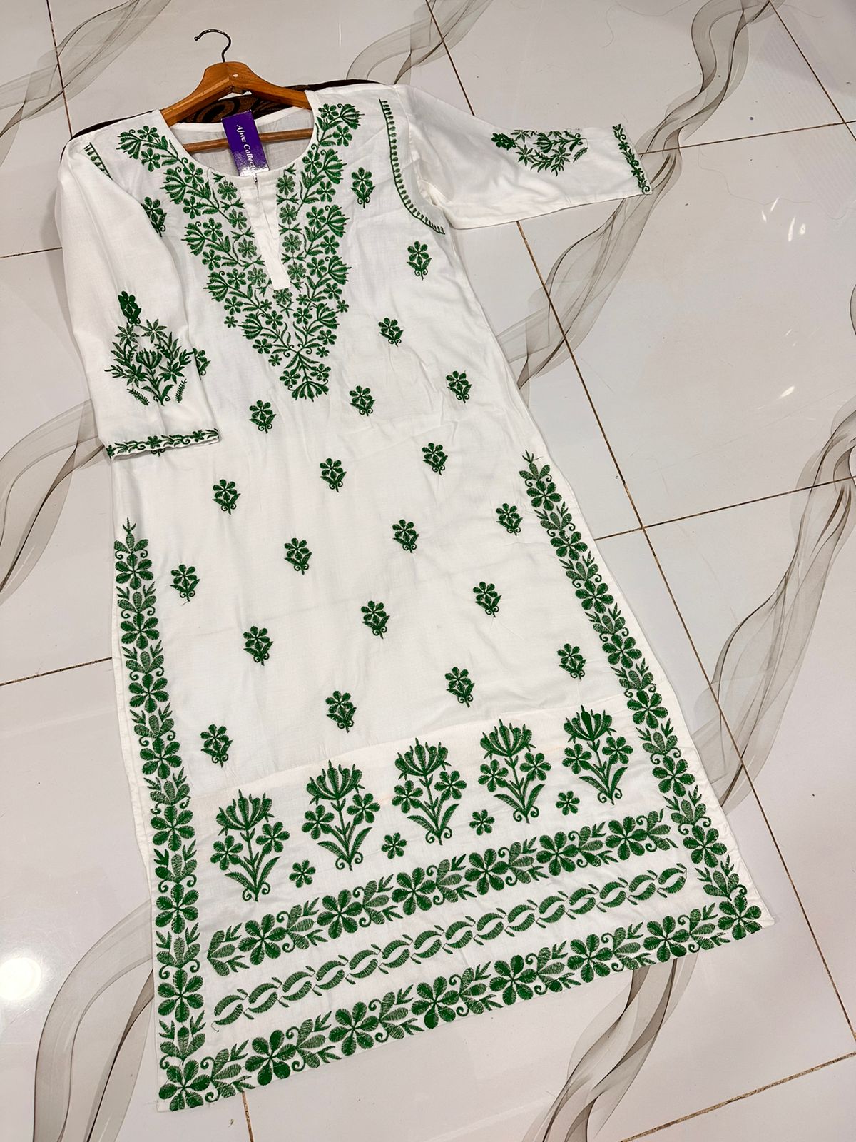 Women 14th August Long Kurti -Pure Linen Embroidered Independence Day Shirt