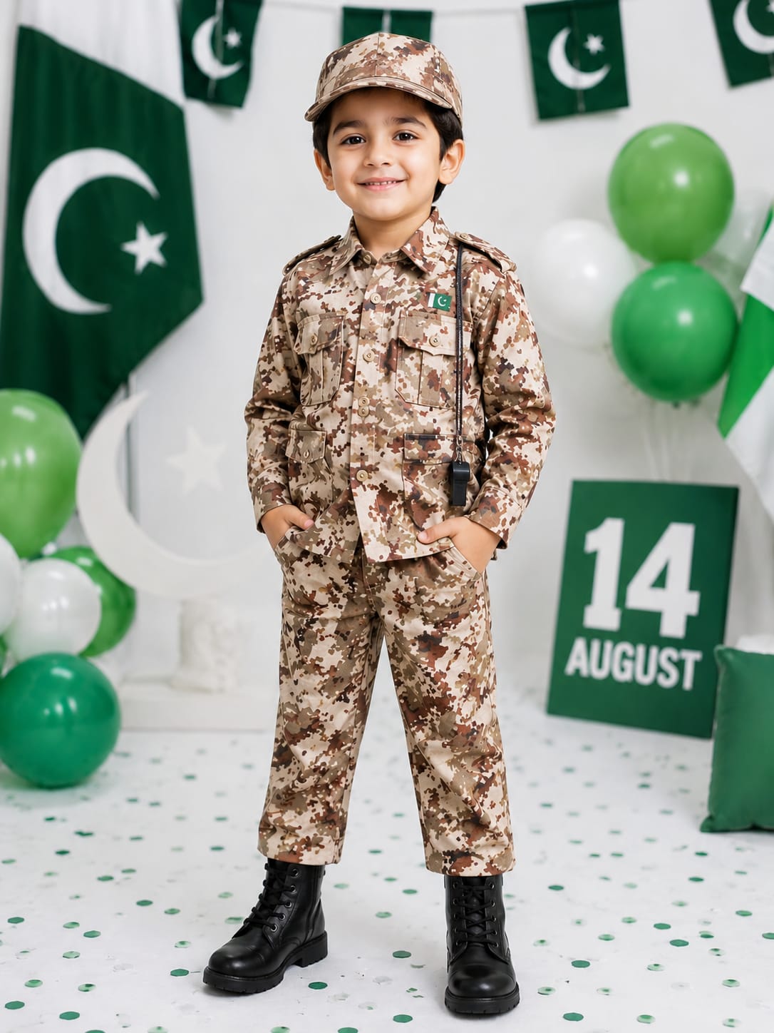 Commando Dress Set | Cotton Shirt, Trouser, Cap & Accessories | Pakistan Independence Day Outfit