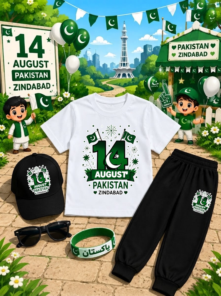 Kids 14 August Independence Day Dress Pack of 6 | DTF Printed T-Shirt Trouser Set with Cap, Glasses, Watch & Band
