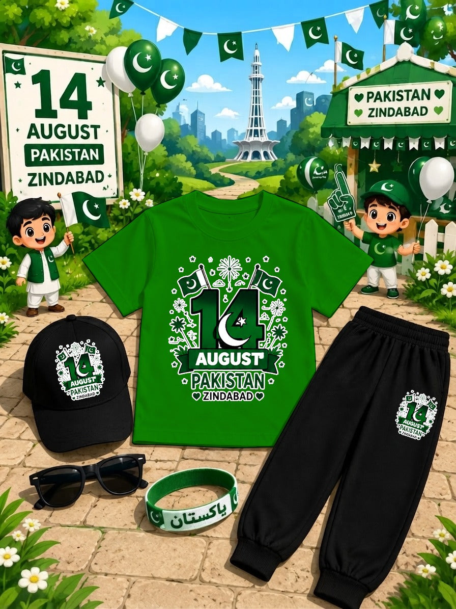 Kids 14 August Independence Day Dress Pack of 6 | DTF Printed T-Shirt Trouser Set with Cap, Glasses, Watch & Band