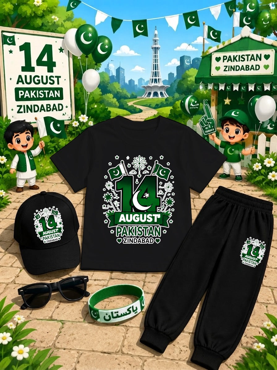 Kids 14 August Independence Day Dress Pack of 6 | DTF Printed T-Shirt Trouser Set with Cap, Glasses, Watch & Band