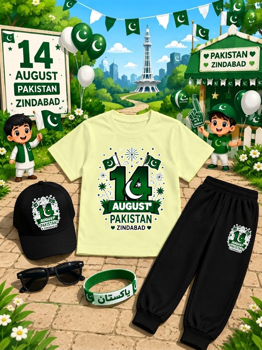 Kids 14 August Independence Day Dress Pack of 6 | DTF Printed T-Shirt Trouser Set with Cap, Glasses, Watch & Band