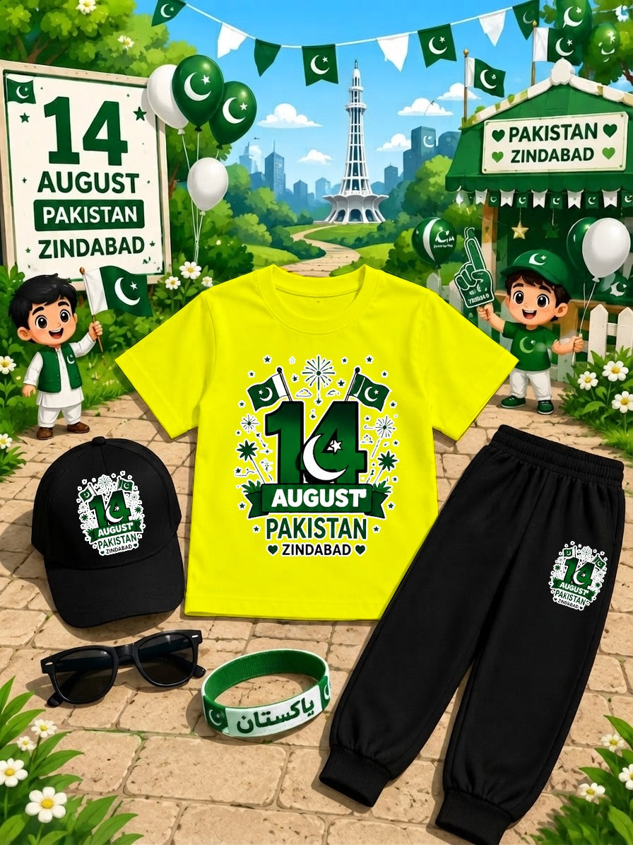 Kids 14 August Independence Day Dress Pack of 6 | DTF Printed T-Shirt Trouser Set with Cap, Glasses, Watch & Band