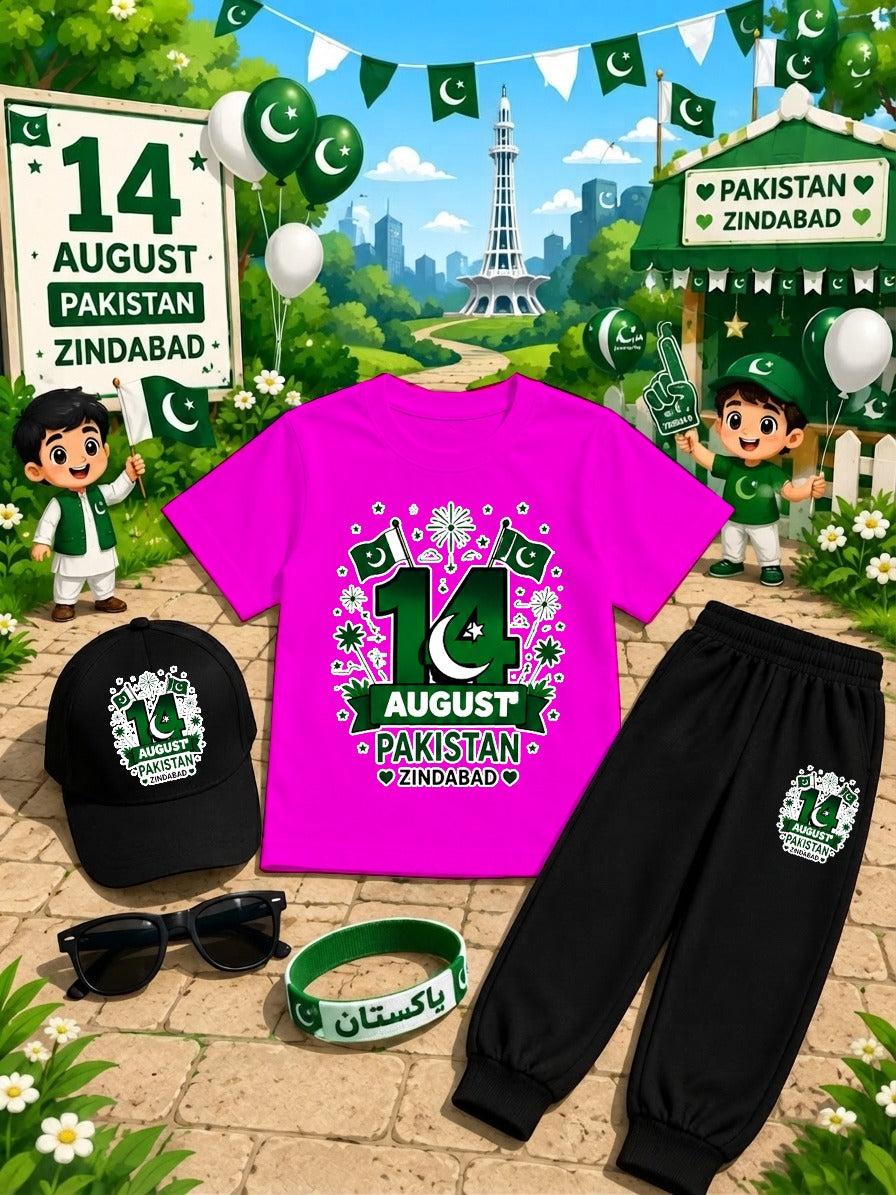 Kids 14 August Independence Day Dress Pack of 6 | DTF Printed T-Shirt Trouser Set with Cap, Glasses, Watch & Band