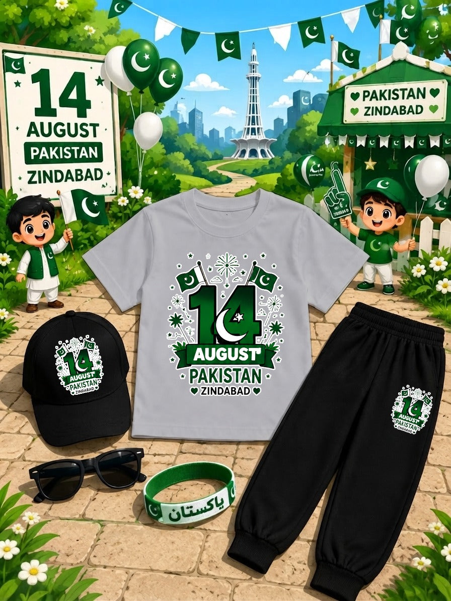 Kids 14 August Independence Day Dress Pack of 6 | DTF Printed T-Shirt Trouser Set with Cap, Glasses, Watch & Band