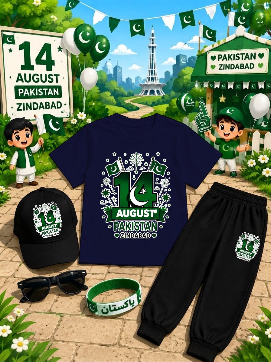 Kids 14 August Independence Day Dress Pack of 6 | DTF Printed T-Shirt Trouser Set with Cap, Glasses, Watch & Band