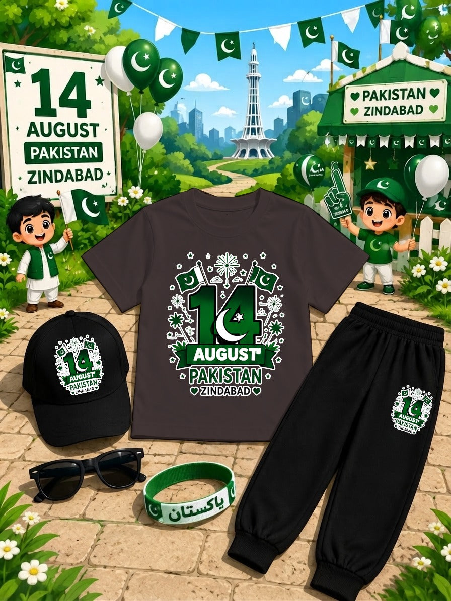 Kids 14 August Independence Day Dress Pack of 6 | DTF Printed T-Shirt Trouser Set with Cap, Glasses, Watch & Band