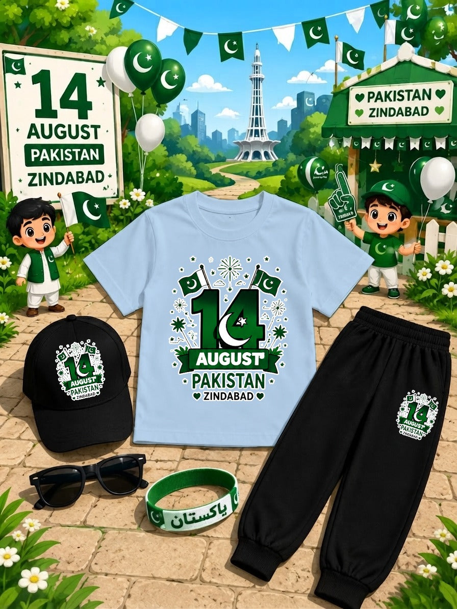 Kids 14 August Independence Day Dress Pack of 6 | DTF Printed T-Shirt Trouser Set with Cap, Glasses, Watch & Band