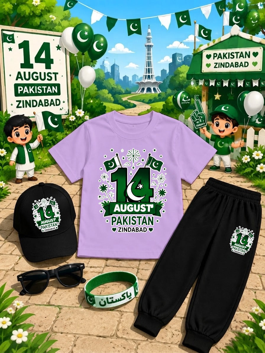 Kids 14 August Independence Day Dress Pack of 6 | DTF Printed T-Shirt Trouser Set with Cap, Glasses, Watch & Band