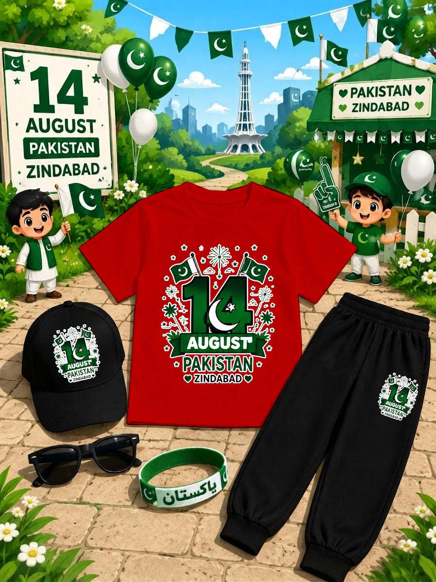Kids 14 August Independence Day Dress Pack of 6 | DTF Printed T-Shirt Trouser Set with Cap, Glasses, Watch & Band