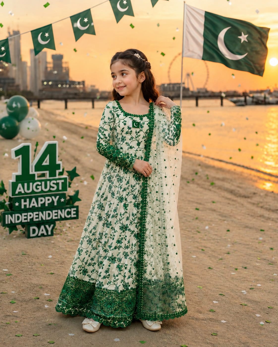 Independence Day Hania Aamir Inspired Kids 3 Piece Maxi Suit | Digital Printed Maxi, Flapper & Monar Dupatta