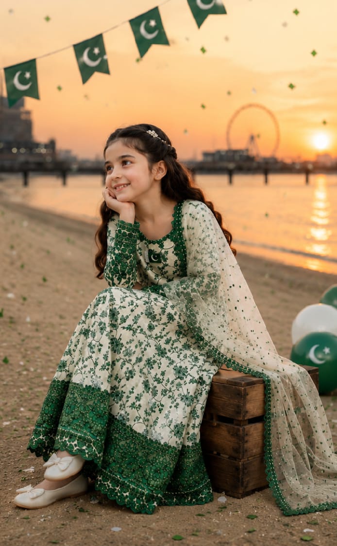 Independence Day Hania Aamir Inspired Kids 3 Piece Maxi Suit | Digital Printed Maxi, Flapper & Monar Dupatta