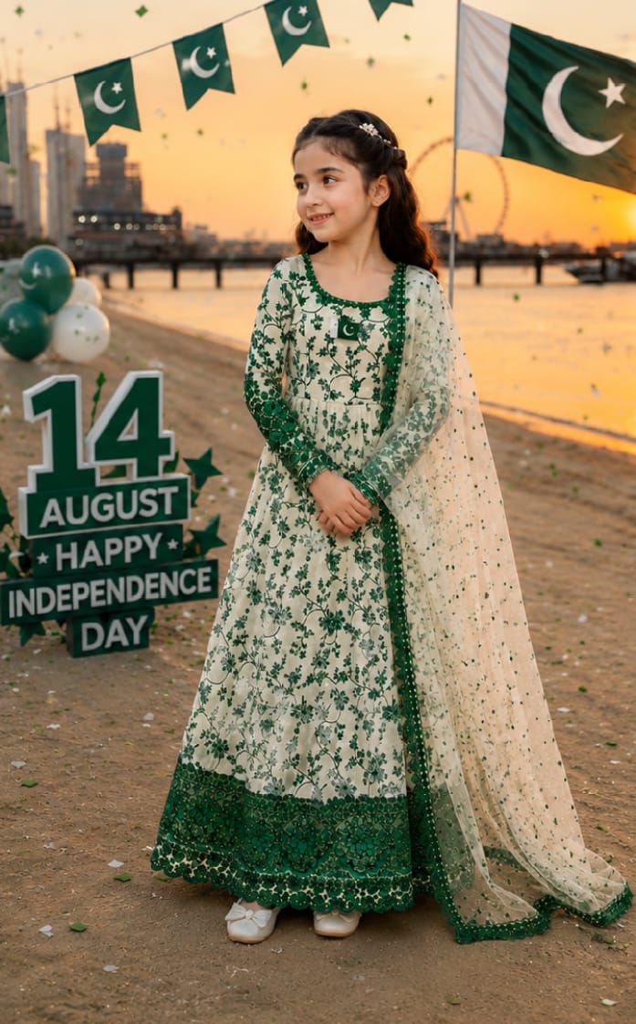 Independence Day Hania Aamir Inspired Kids 3 Piece Maxi Suit | Digital Printed Maxi, Flapper & Monar Dupatta