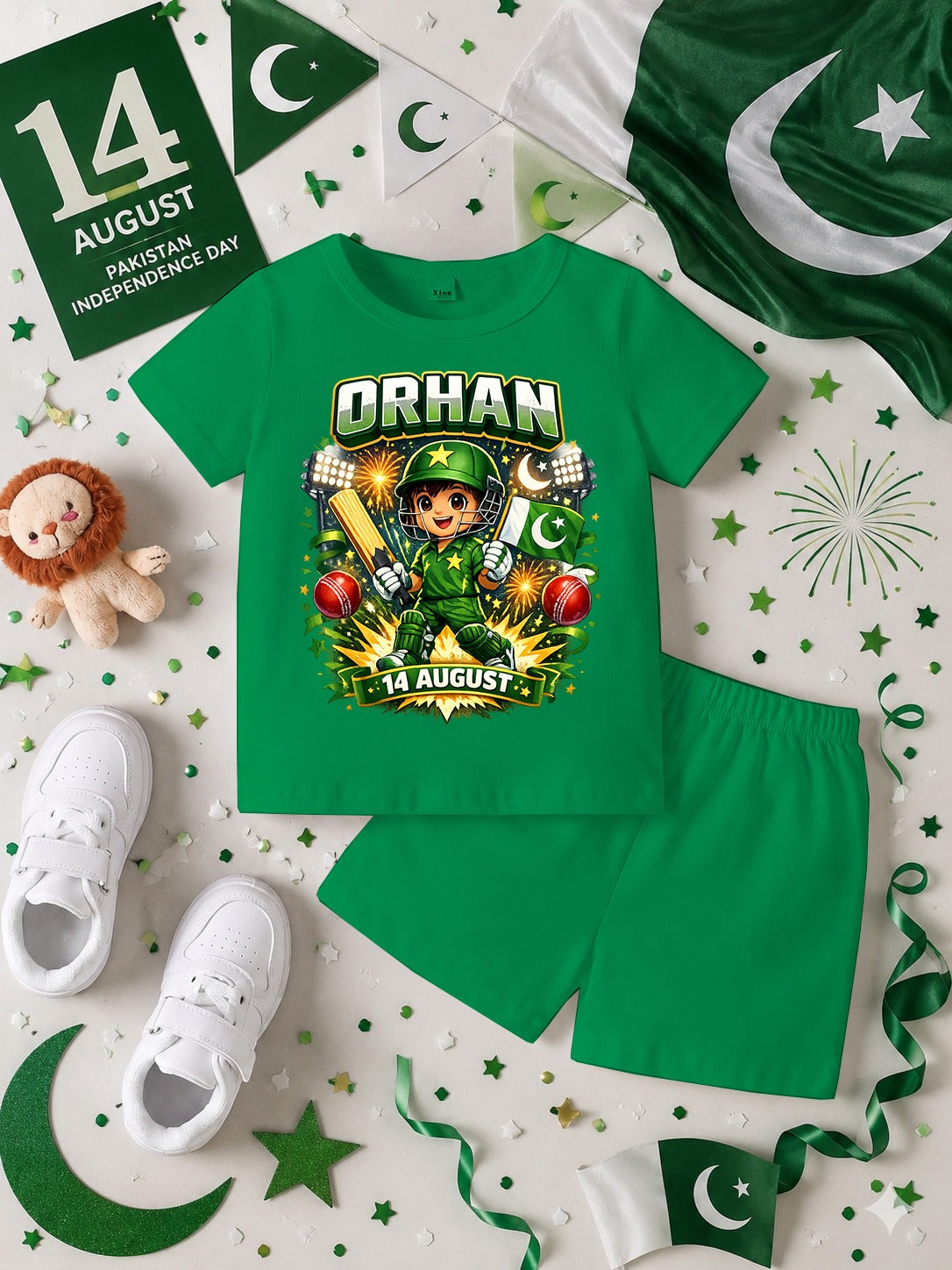 14 August Customized Kids T-Shirt & Shorts Set | Name Printed DTF Independence Day Outfit