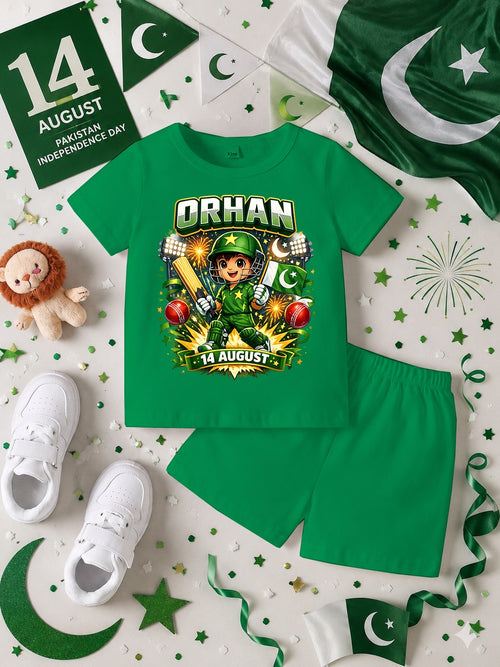 14 August Customized Kids T-Shirt & Shorts Set | Name Printed DTF Independence Day Outfit