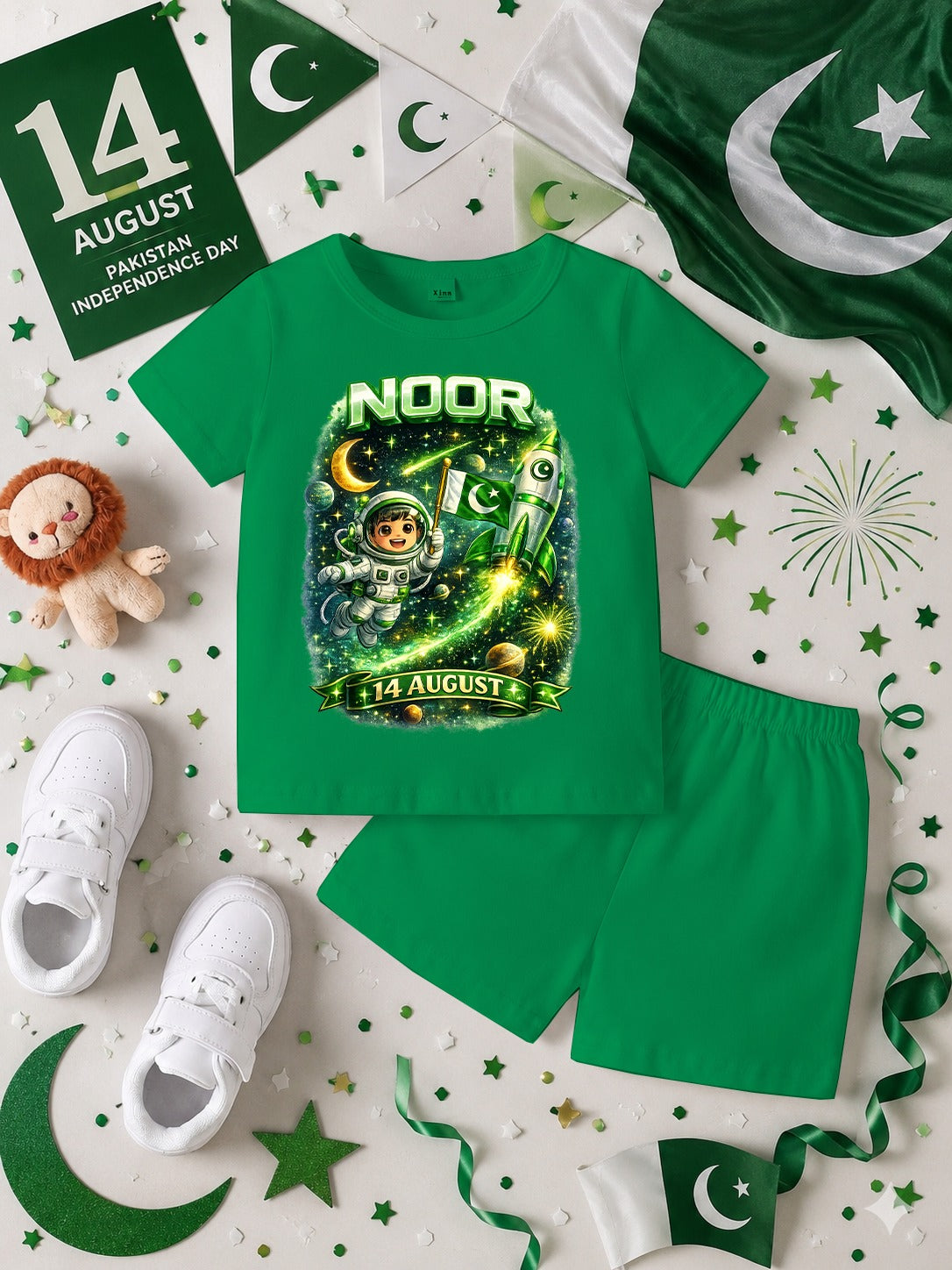 14 August Customized Kids T-Shirt & Shorts Set | Name Printed DTF Independence Day Outfit