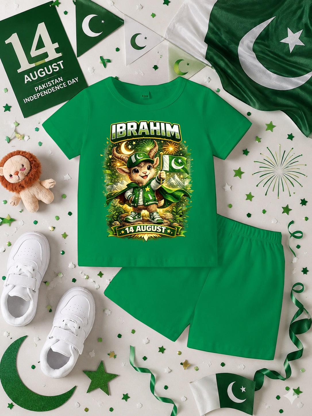 14 August Customized Kids T-Shirt & Shorts Set | Name Printed DTF Independence Day Outfit