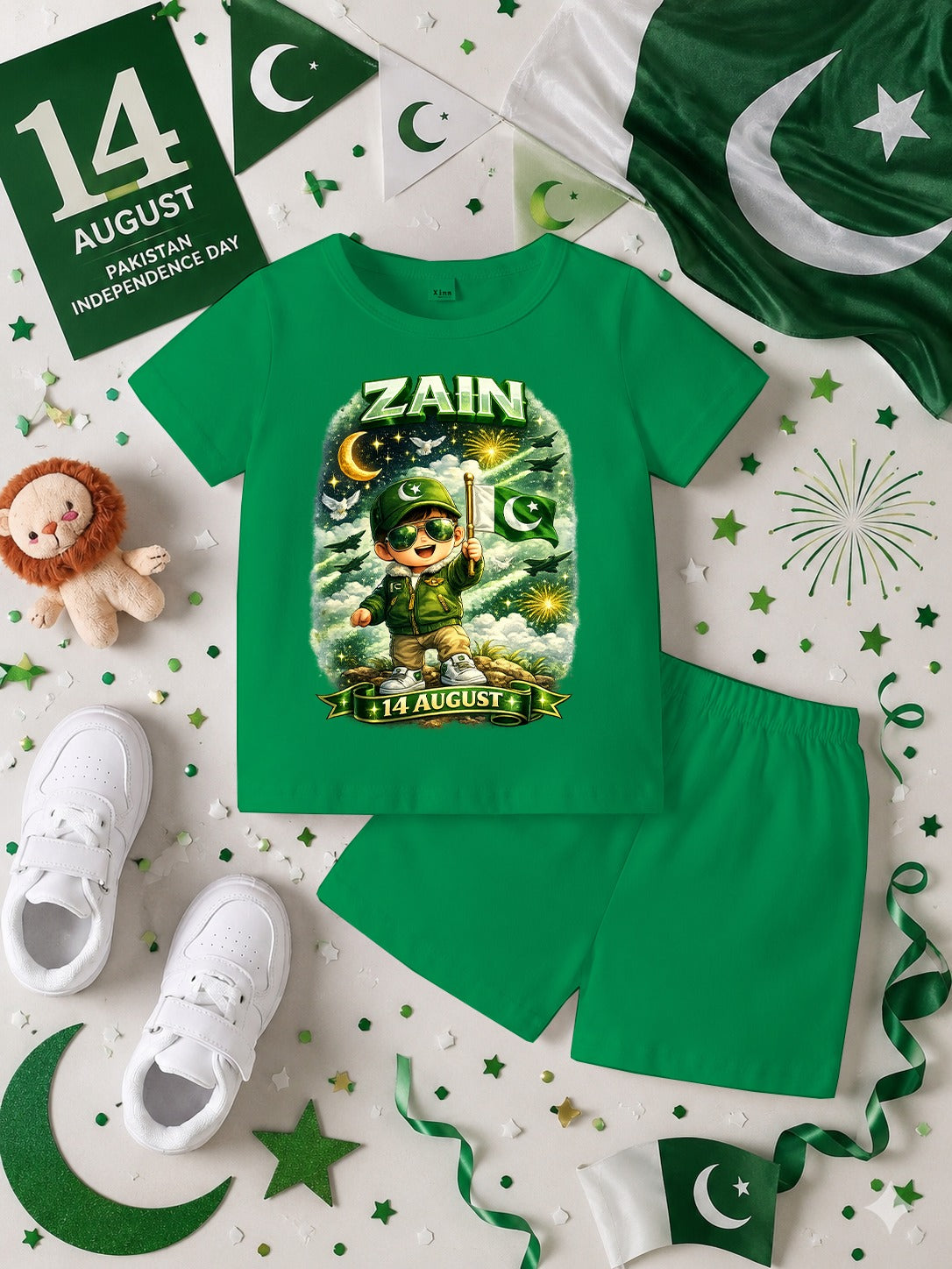 14 August Customized Kids T-Shirt & Shorts Set | Name Printed DTF Independence Day Outfit