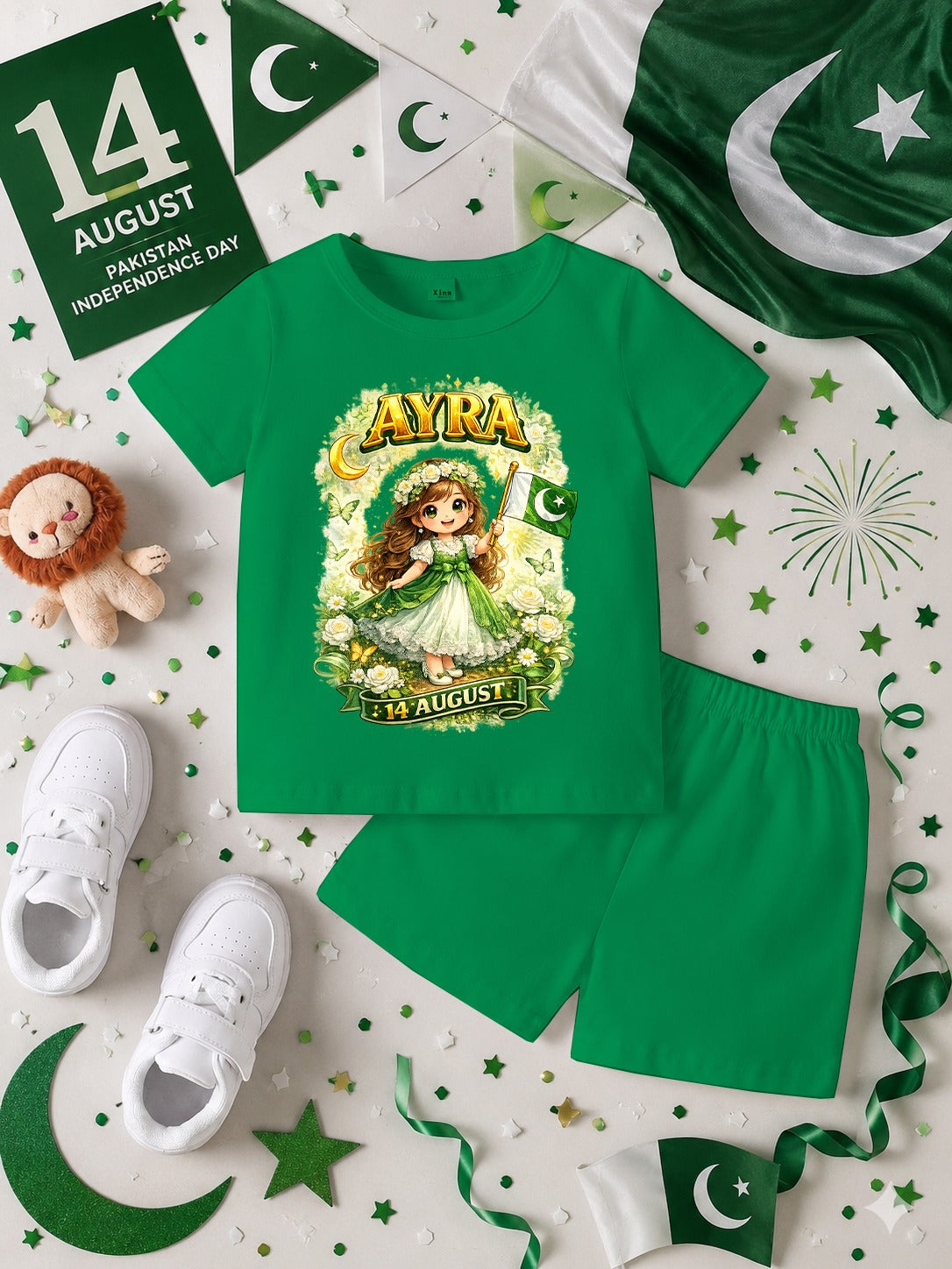 14 August Customized Kids T-Shirt & Shorts Set | Name Printed DTF Independence Day Outfit