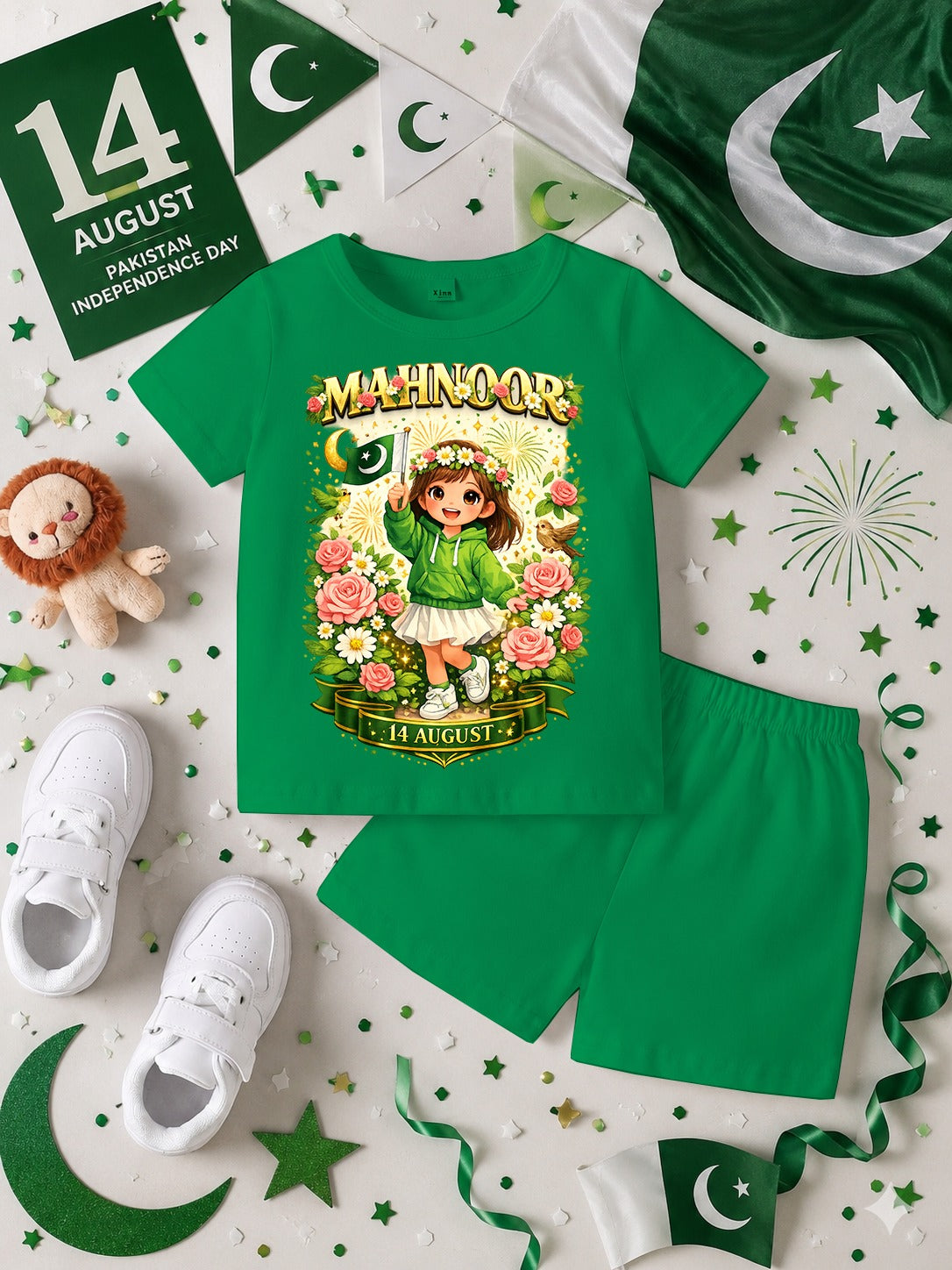 14 August Customized Kids T-Shirt & Shorts Set | Name Printed DTF Independence Day Outfit