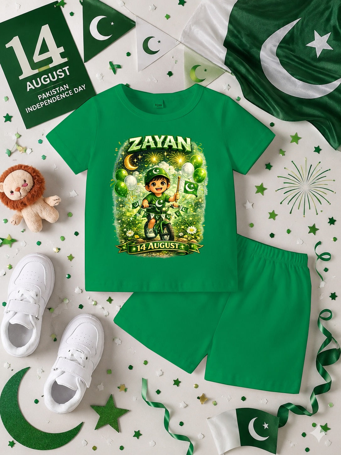 14 August Customized Kids T-Shirt & Shorts Set | Name Printed DTF Independence Day Outfit