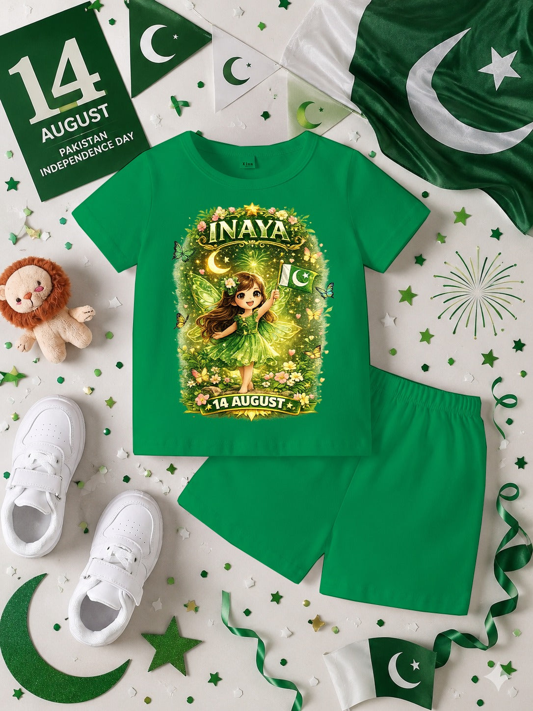 14 August Customized Kids T-Shirt & Shorts Set | Name Printed DTF Independence Day Outfit