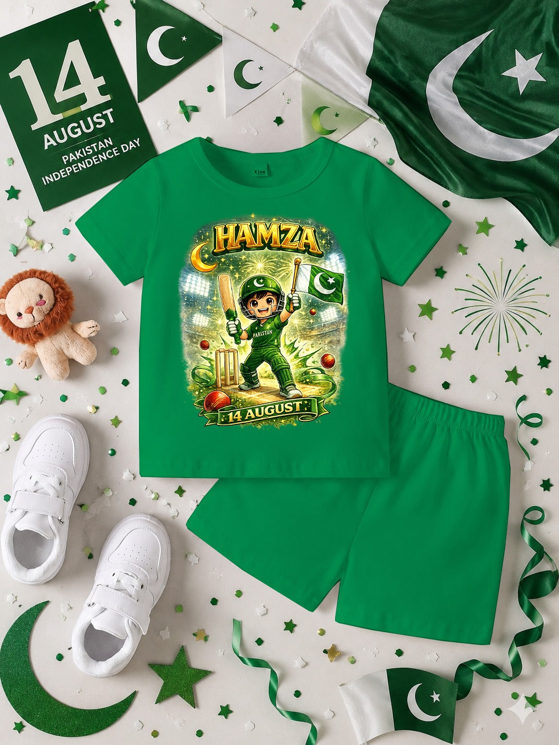 14 August Customized Kids T-Shirt & Shorts Set | Name Printed DTF Independence Day Outfit