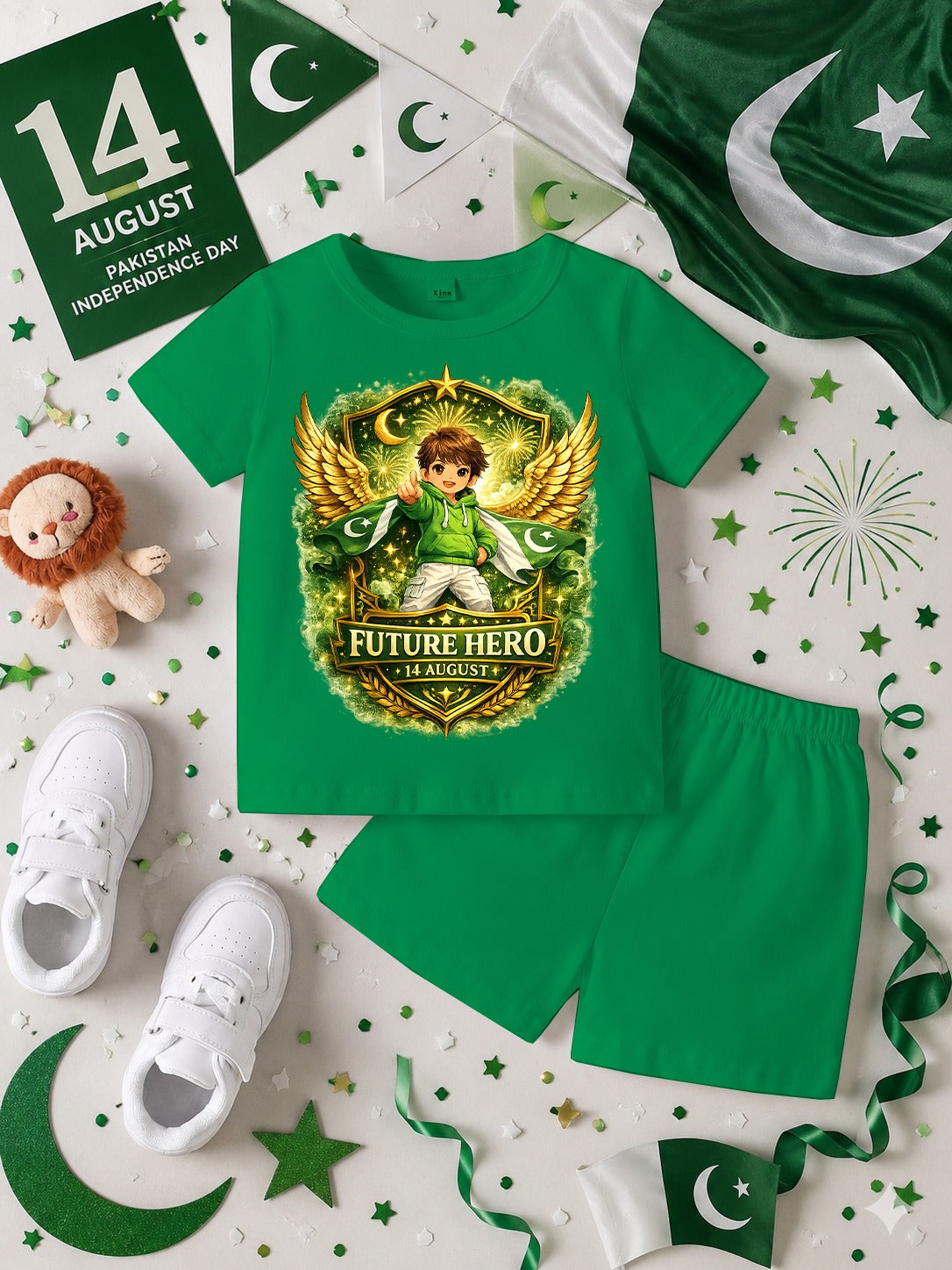 14 August Customized Kids T-Shirt & Shorts Set | Name Printed DTF Independence Day Outfit
