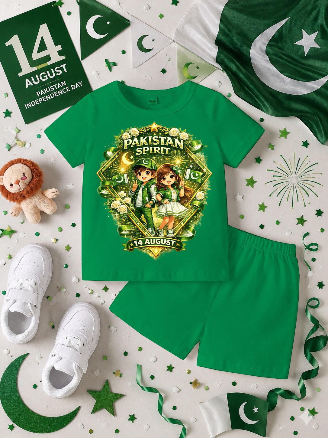 14 August Customized Kids T-Shirt & Shorts Set | Name Printed DTF Independence Day Outfit