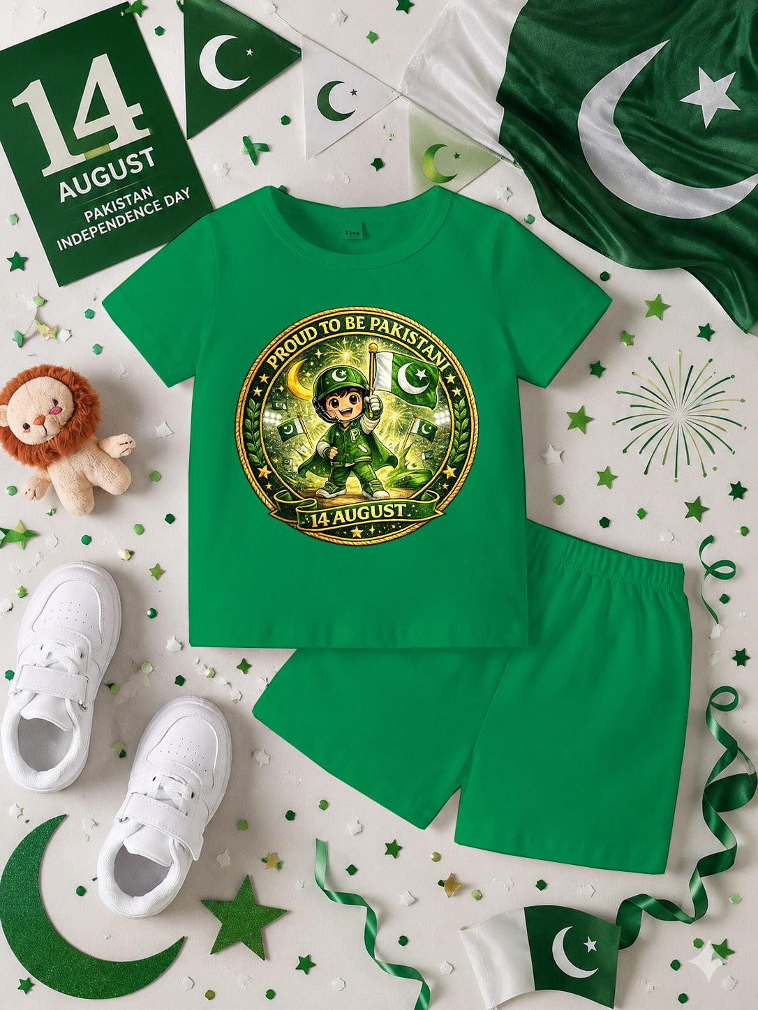 14 August Customized Kids T-Shirt & Shorts Set | Name Printed DTF Independence Day Outfit