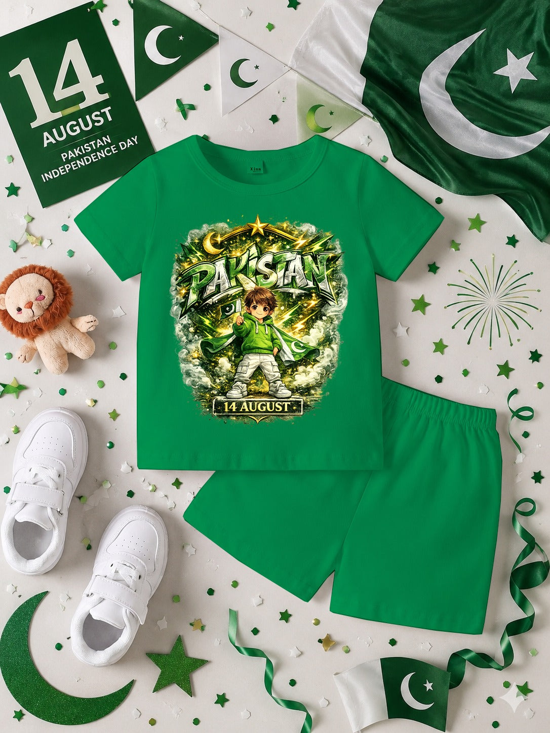 14 August Customized Kids T-Shirt & Shorts Set | Name Printed DTF Independence Day Outfit