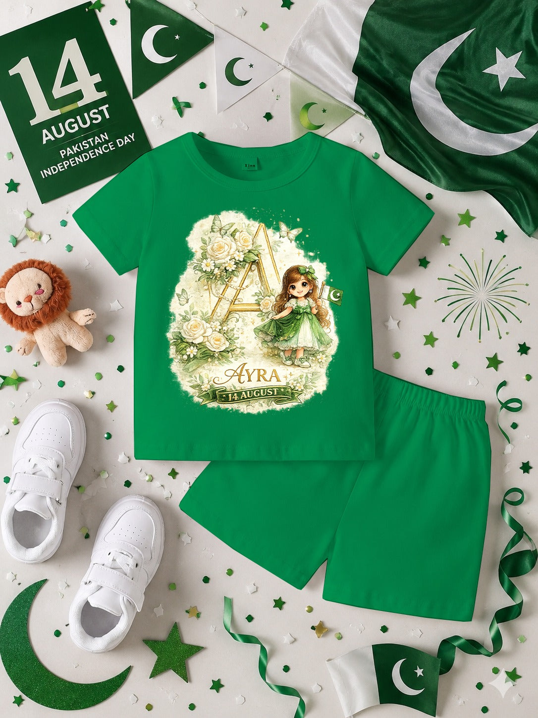 14 August Customized Kids T-Shirt & Shorts Set | Name Printed DTF Independence Day Outfit