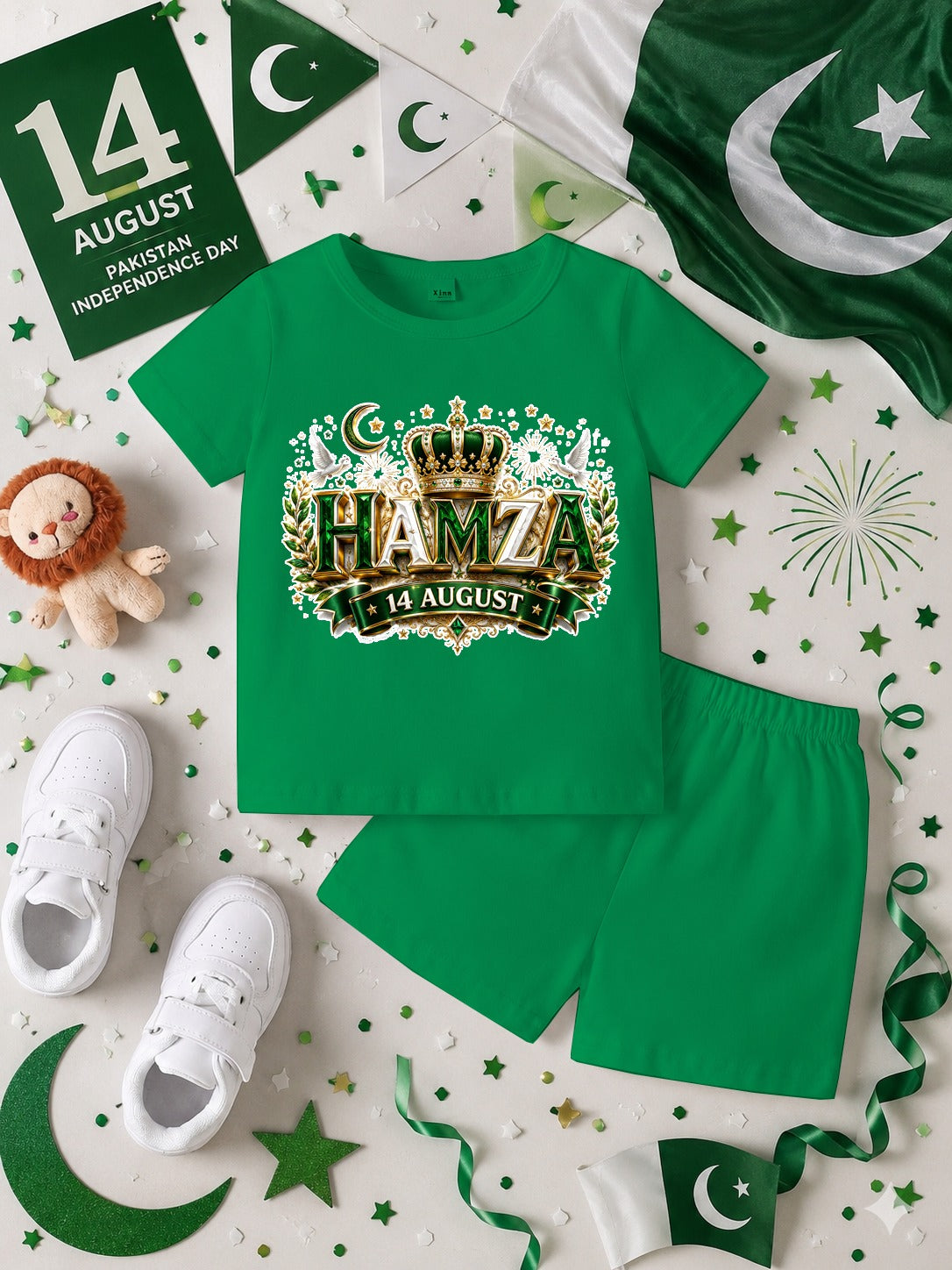 14 August Customized Kids T-Shirt & Shorts Set | Name Printed DTF Independence Day Outfit