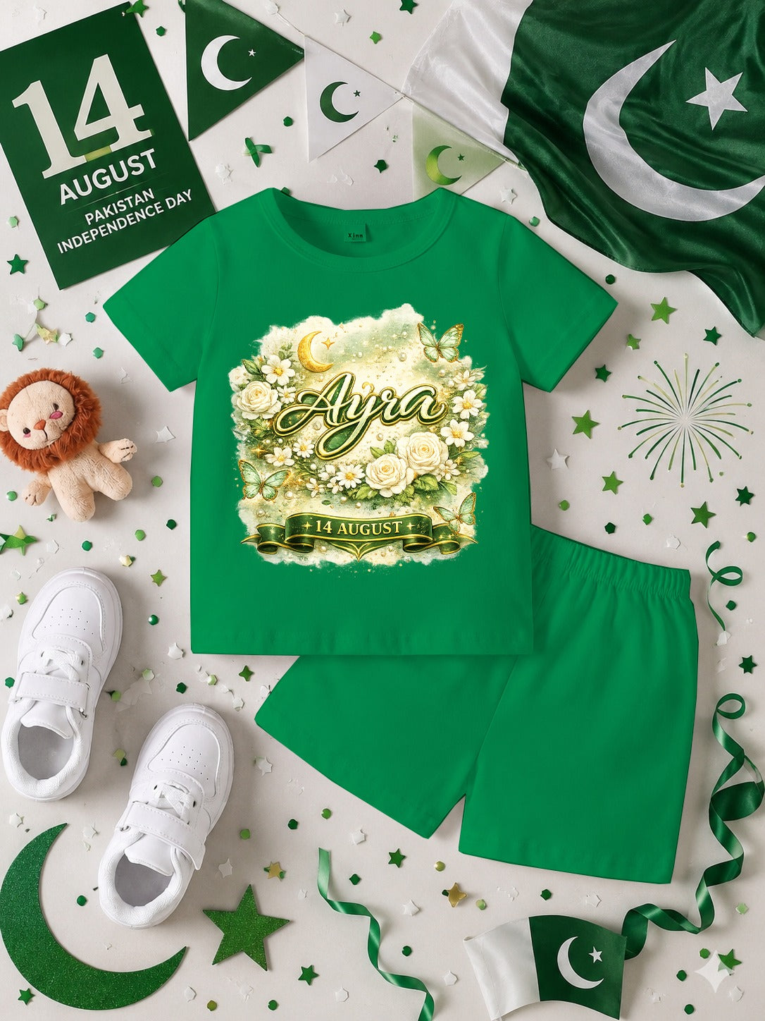 14 August Customized Kids T-Shirt & Shorts Set | Name Printed DTF Independence Day Outfit