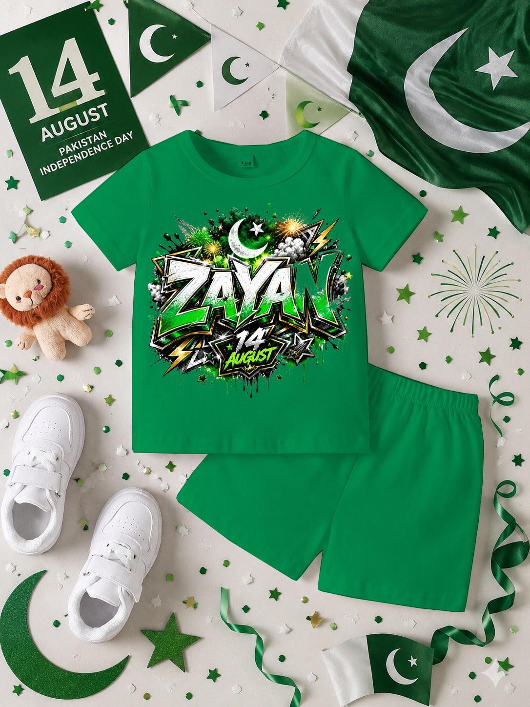 14 August Customized Kids T-Shirt & Shorts Set | Name Printed DTF Independence Day Outfit