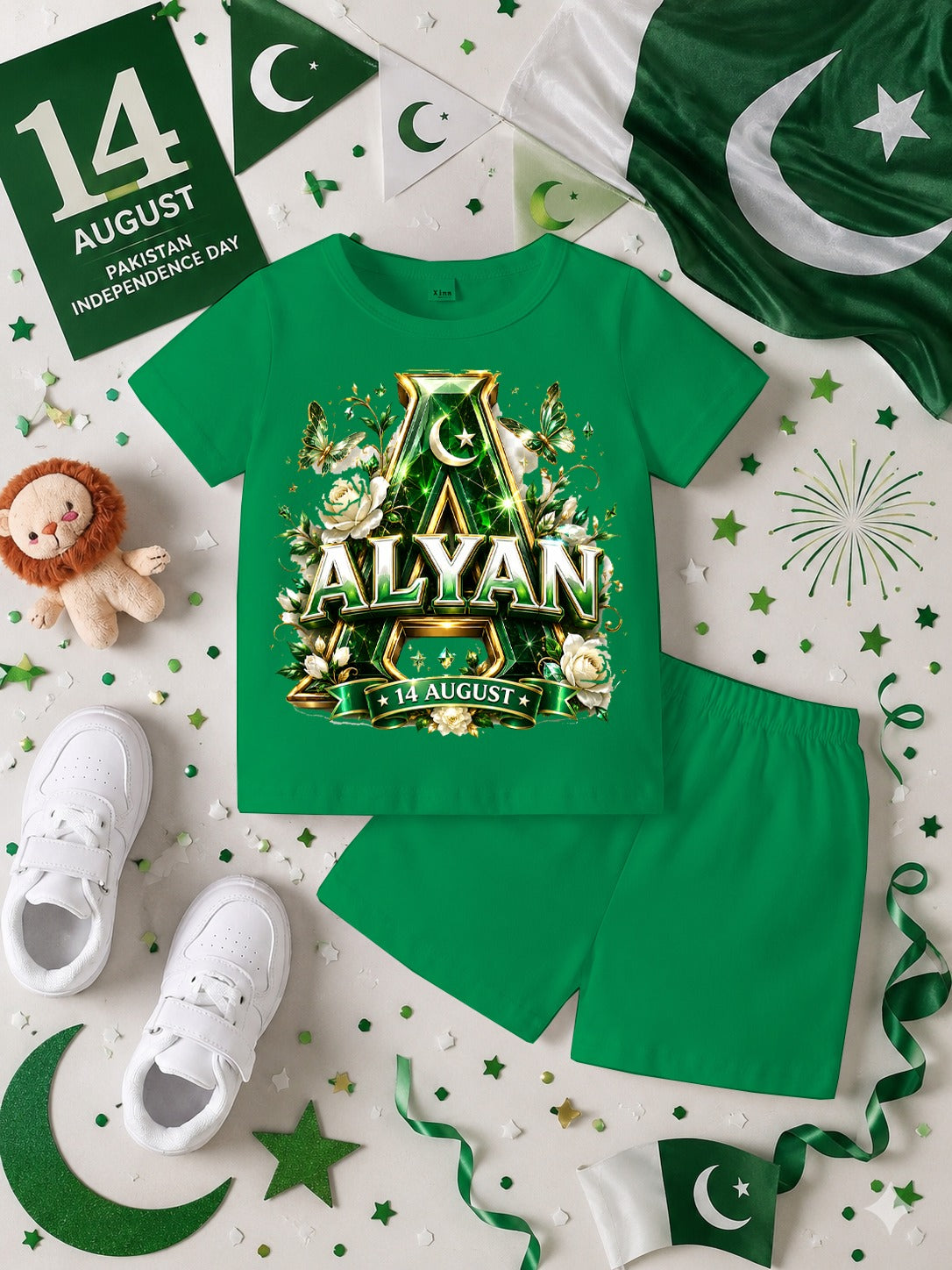 14 August Customized Kids T-Shirt & Shorts Set | Name Printed DTF Independence Day Outfit